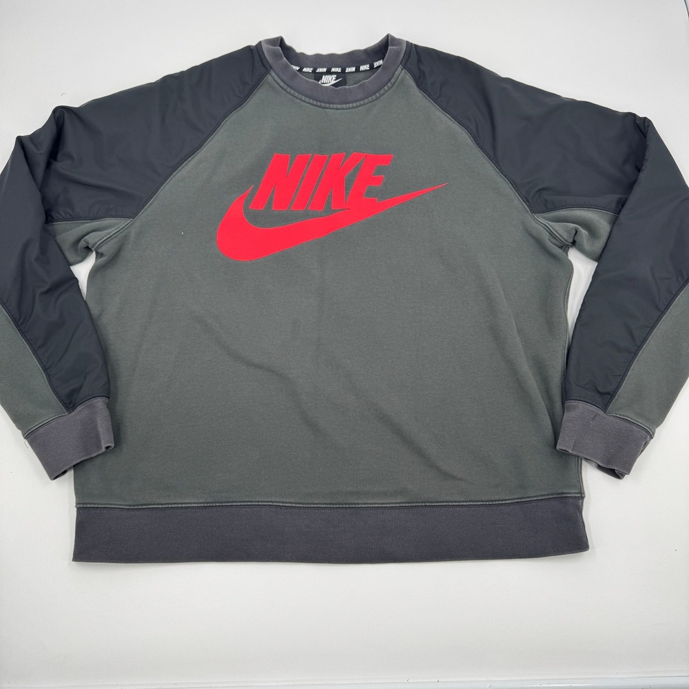 Nike Crewneck Sweatshirt Men L Grey Black Red Mixed Media CJ7037-060 Raglan Logo